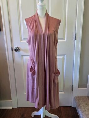 Olivia Blu Blush Pink Long Open Cardigan Sleeveless Duster Pockets Womens L